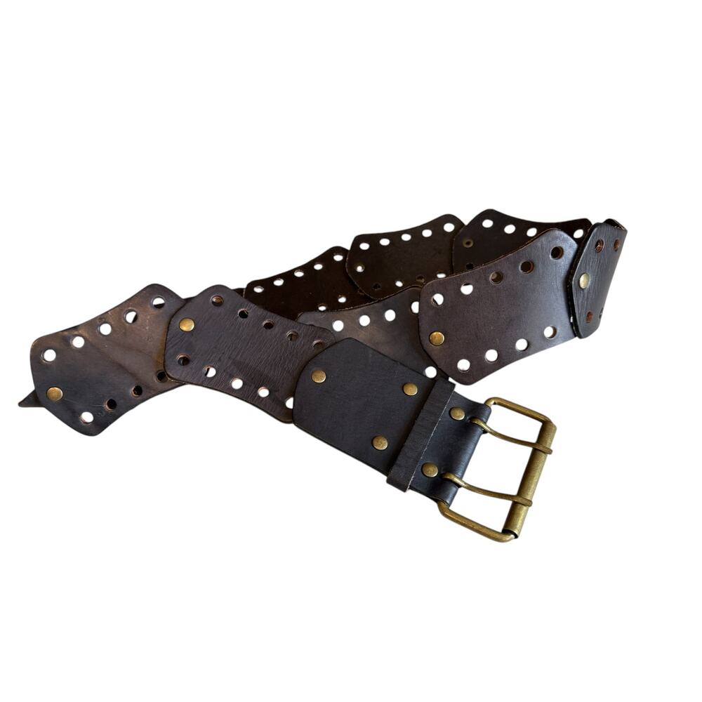 Gail Labelle Wide Leather Double Prong Statement Belt Dark Brown